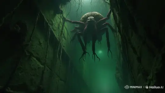 Menacing Spider Creature Attacks in Ancient Mossy Structure – AI Generated Video | Hailuo AI