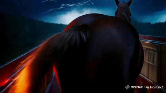 Stormy Night: Horse's Power in Train Car Cinematography – AI Generated Video | Hailuo AI