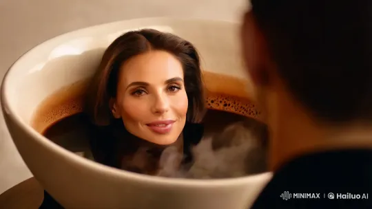 Poised Woman in Giant Coffee Cup – AI Generated Video | Hailuo AI