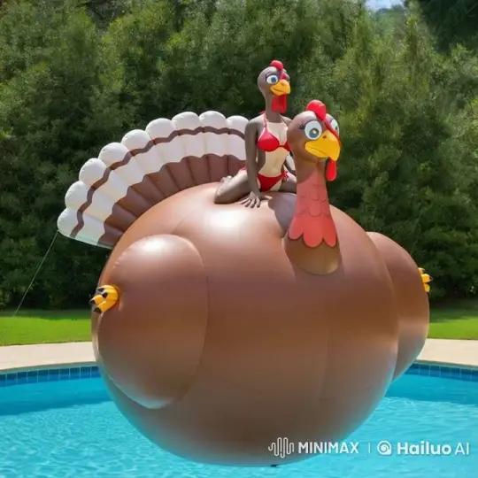 Turkey Rides Giant Inflatable Balloon in Swimming Pool – AI Generated Video | Hailuo AI