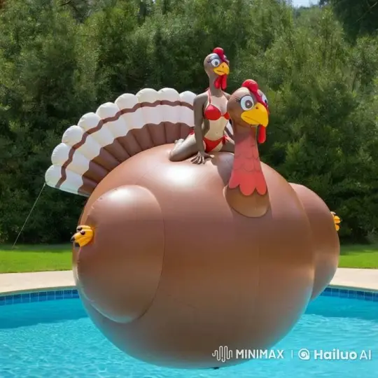 Anthropomorphic Turkey Rides Deflating Parade Balloon in Pool – AI Generated Video | Hailuo AI