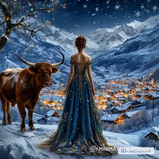 Woman in Blue Gown Admires Winter Village Scene – AI Generated Video | Hailuo AI
