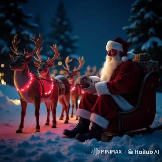 Santa Prepares for Flight with Merry Reindeer in Snowy Wonderland – AI Generated Video | Hailuo AI