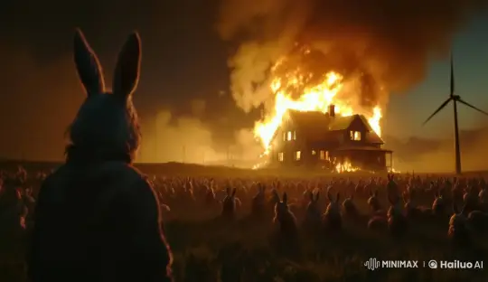Rabbits Witnessing a House Fire at Night – AI Generated Video | Hailuo AI