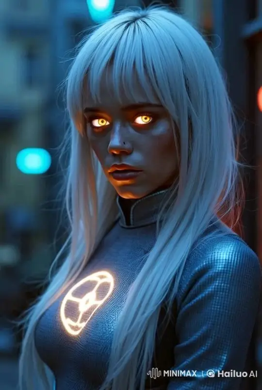 Cyborg Woman's Intense Gaze in Futuristic Cityscape – AI Generated Video | Hailuo AI