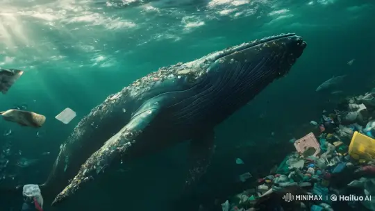 Whale Navigates Polluted Sea Amid Plastic Waste – AI Generated Video | Hailuo AI