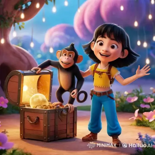 Monkey Opens Sparkling Treasure in Pixar-style Forest – AI Generated Video | Hailuo AI