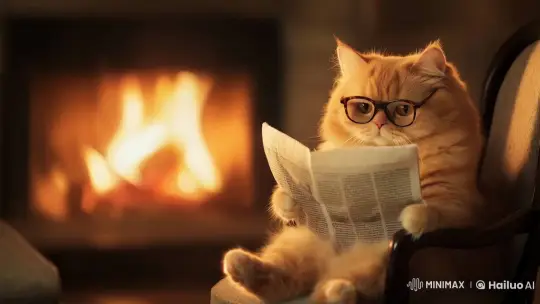 Ginger Cat Enjoying Newspaper by Fireplace – AI Generated Video | Hailuo AI