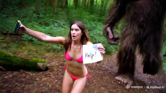 Bikini Model Flees Bigfoot, Captures Selfie in Peril – AI Generated Video | Hailuo AI