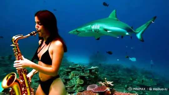 Saxophonist Serenades Underwater with Great White Shark – AI Generated Video | Hailuo AI