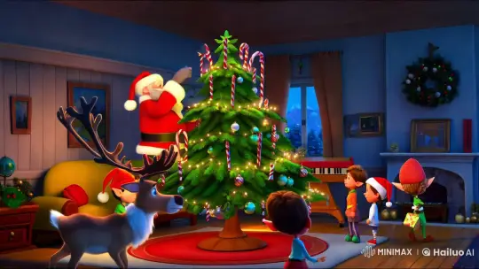 Christmas Cheer: Santa and Friends Decorate the Tree – AI Generated Video | Hailuo AI