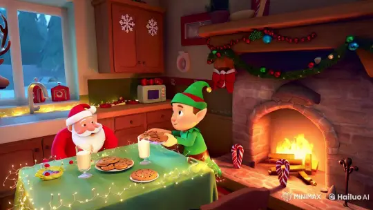 Magical Holiday Scene: Elf, Santa, and Festive Kitchen – AI Generated Video | Hailuo AI