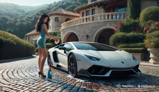 Japanese Woman Washes Lamborghini at Luxury Mansion – AI Generated Video | Hailuo AI