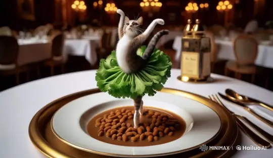 Cat Ballerina Dances 'Swan Lake' on Pesto Plate at Ritz-Carlton – AI Generated Video | Hailuo AI