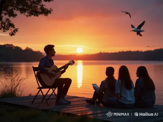 Sunset Lakeside Serenade with Friends – AI Generated Video | Hailuo AI