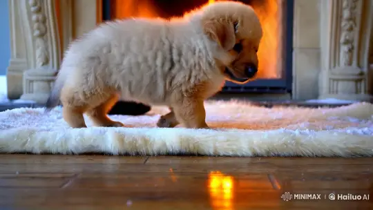 Fluffy Puppy Settles by Fireplace with Kitten's Watchful Eye – AI Generated Video | Hailuo AI
