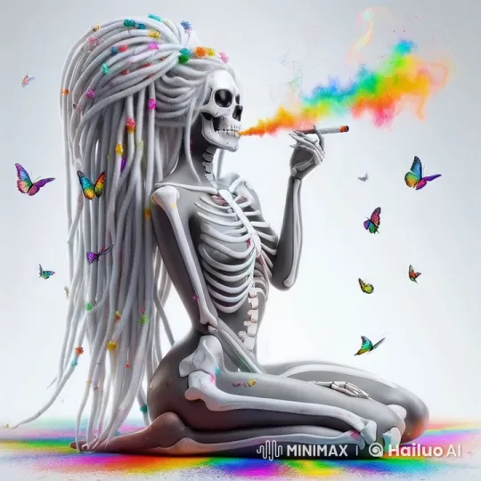 Skeleton with Rainbow Smoke and Attracted Butterflies – AI Generated Video | Hailuo AI