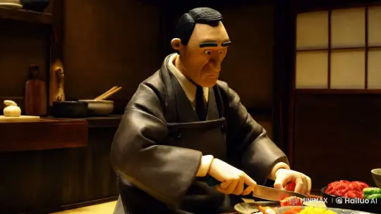 Yakuza Oyabun Prepares Meal in Noir Kitchen – AI Generated Video | Hailuo AI