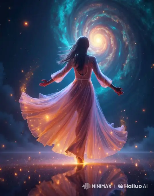 Dancer in Cosmic Vortex Amidst Celestial Beauty – AI Generated Video | Hailuo AI