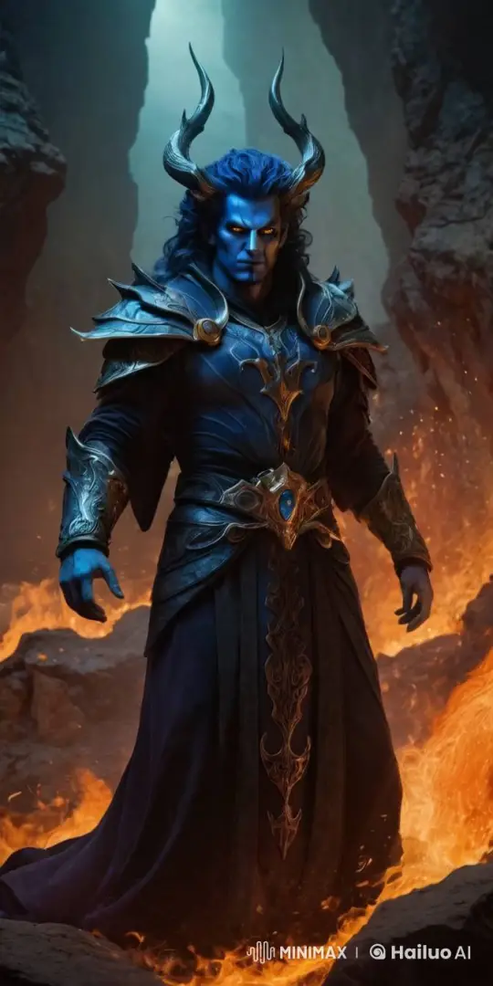 Mystical Blue Warrior in Fiery Volcanic Setting – AI Generated Video | Hailuo AI