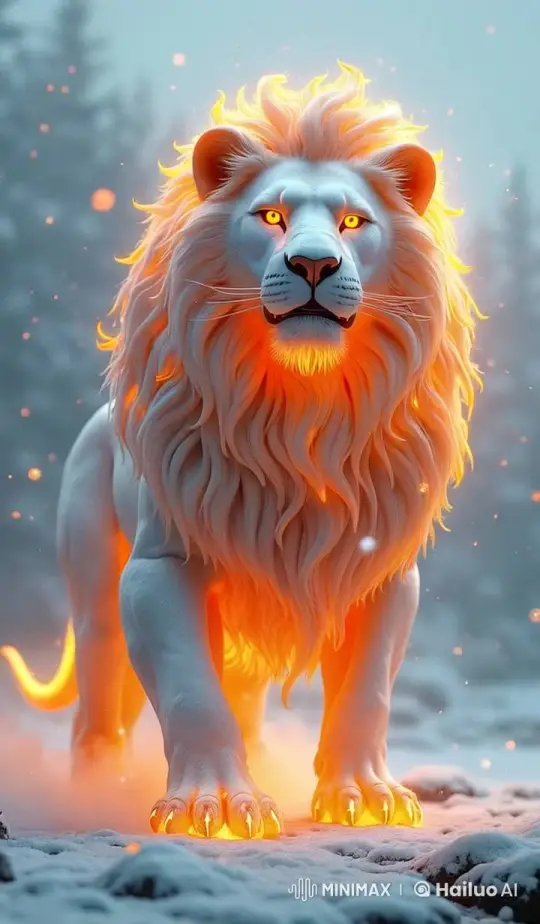 Majestic White Lion Roars with Fiery Power – AI Generated Video | Hailuo AI