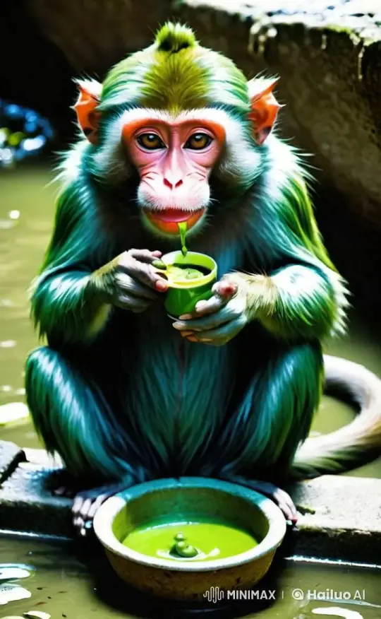 Monkey Sips Green Drink, Cactus Frederick Chats in Rainbow World – AI Generated Video | Hailuo AI