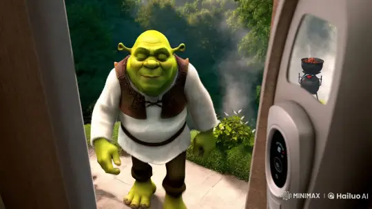 Shrek Approaches Doorbell Camera with Eccentric Note – AI Generated Video | Hailuo AI