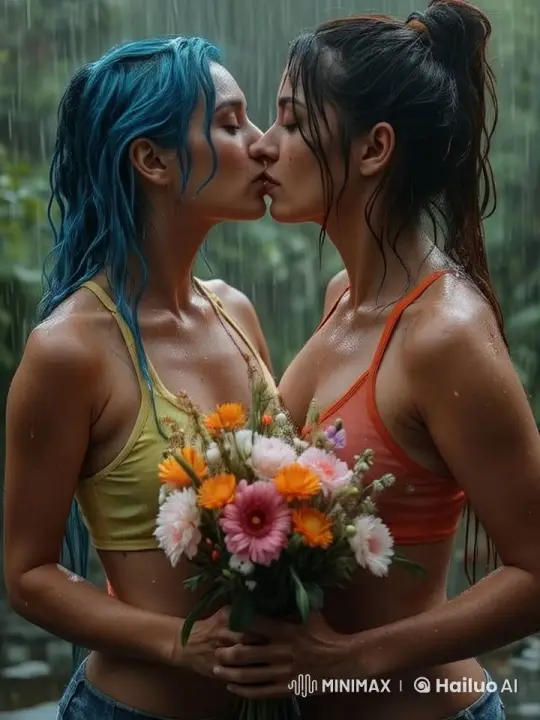 Intimate Moment in the Rain with Vibrant Flowers – AI Generated Video | Hailuo AI