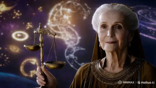 Elderly Woman Weighs Fate in Cosmic Setting – AI Generated Video | Hailuo AI