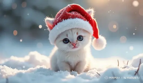 Tiny White Kitten in Santa Hat Amidst Winter Magic – AI Generated Video | Hailuo AI
