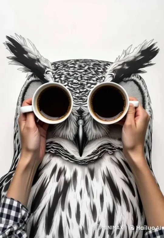 Sleepy Owl Awakens with Coffee Cups Over Eyes – AI Generated Video | Hailuo AI