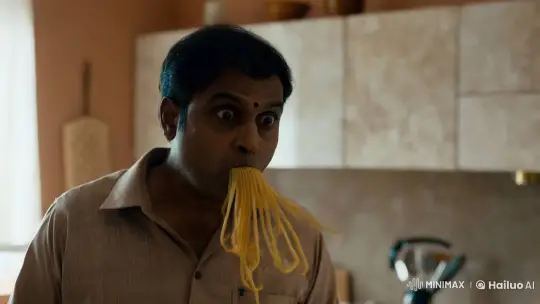 Indian Man Blows Pasta in Artful Kitchen Scene – AI Generated Video | Hailuo AI