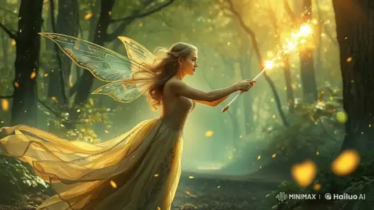 Enchanted Fairy Glides in Golden Forest Light – AI Generated Video | Hailuo AI