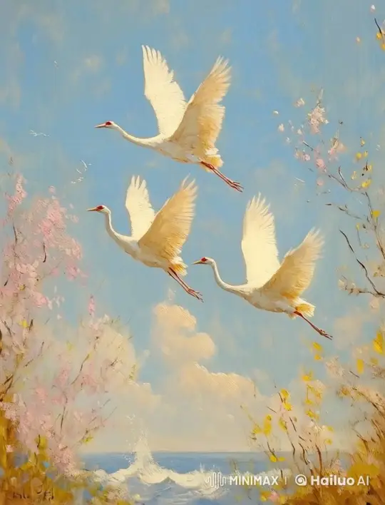 White Cranes Gliding Over Blossoms and Ocean Waves – AI Generated Video | Hailuo AI
