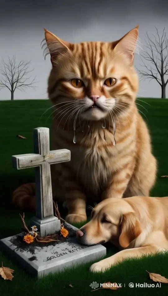 Old Cat Mourns by Golden Retriever's Tombstone – AI Generated Video | Hailuo AI
