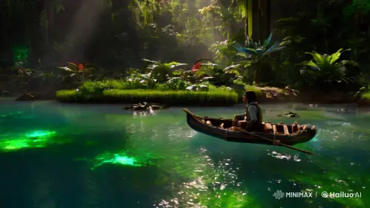 Mystical River Journey: Explorer Discovers Bioluminescent City – AI Generated Video | Hailuo AI