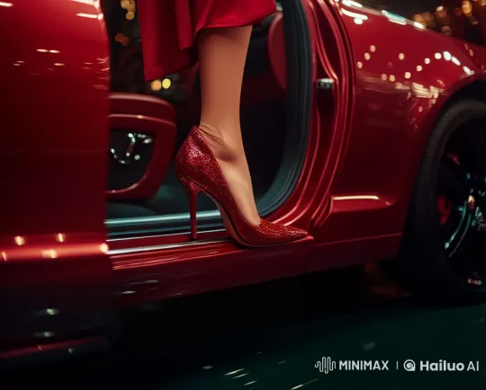 Elegant Woman in Red Steps from Luxury Car – AI Generated Video | Hailuo AI