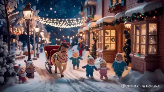 1970s Claymation: Festive Village with Children, Christmas Lights, and a Horse-drawn Sleigh – AI Generated Video | Hailuo AI