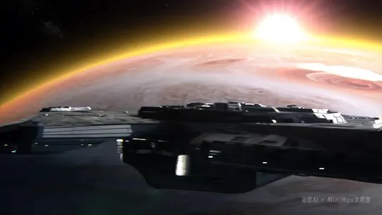 Futuristic Battleship Navigates Jupiter-like Gas Giant – AI Generated Video | Hailuo AI