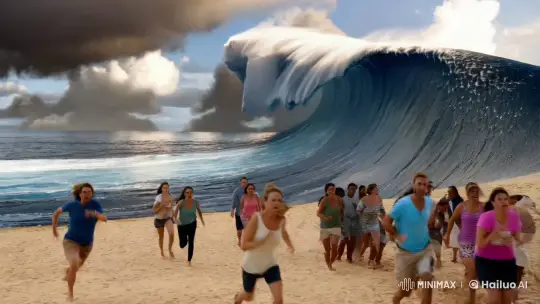 Panoramic 8k Tsunami Threatens Panicked Beachgoers – AI Generated Video | Hailuo AI