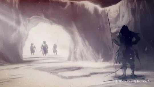 Mysterious figures in a snowy, dimly lit cavern – AI Generated Video | Hailuo AI