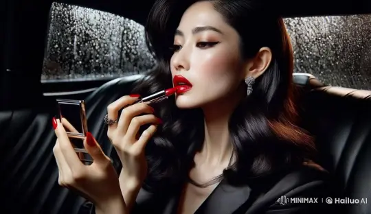 Elegant Woman Perfects Makeup in Limo – AI Generated Video | Hailuo AI