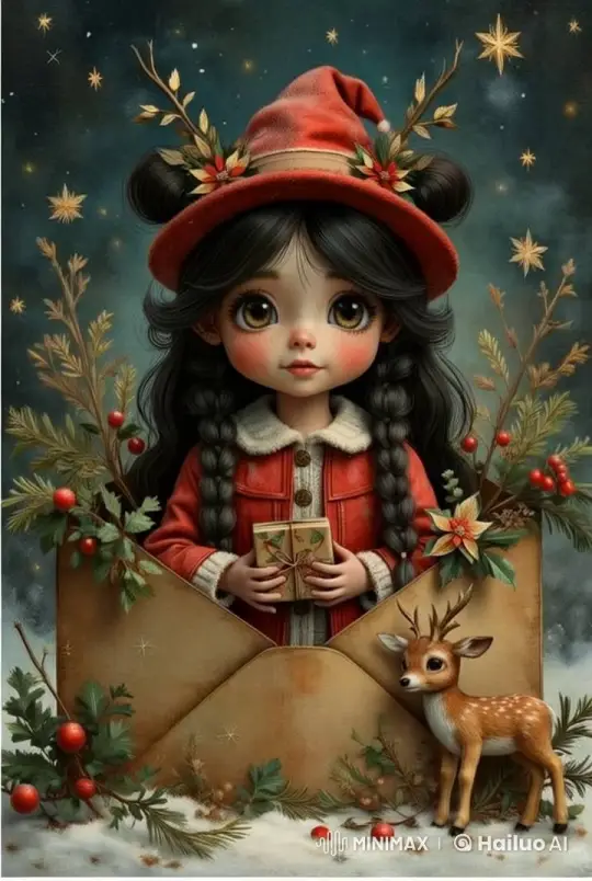 Festive Girl and Deer Amidst Starry Night – AI Generated Video | Hailuo AI