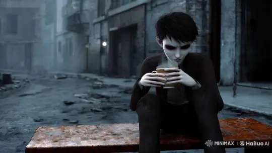 Melancholic Youth Sips Coffee in Urban Desolation – AI Generated Video | Hailuo AI