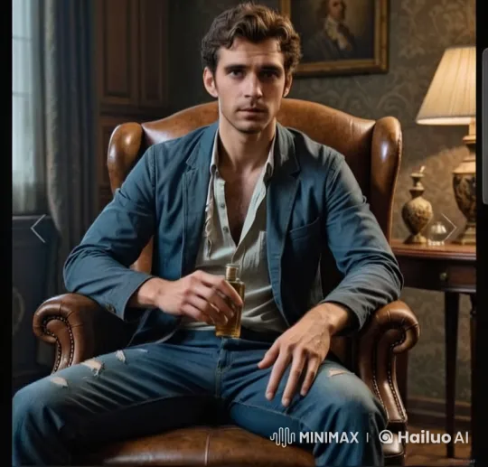 Man in Armchair Slowly Pours Perfume in Elegant Setting – AI Generated Video | Hailuo AI