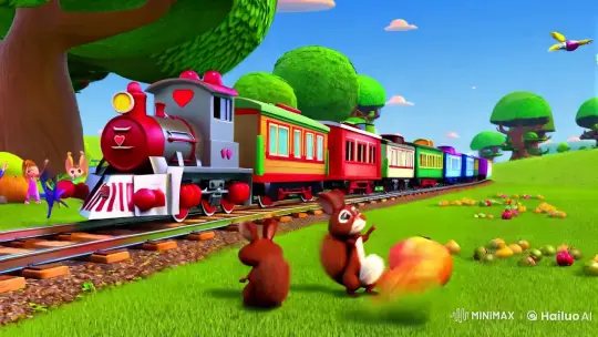 Animals & Train: Playful Fruit Loading Adventure – AI Generated Video | Hailuo AI