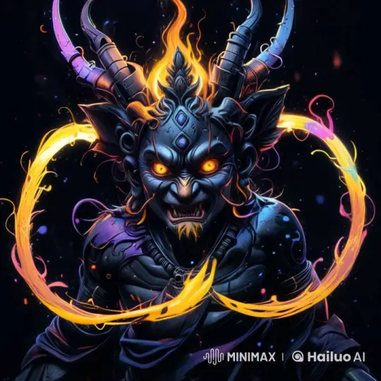 Fearsome Demon with Glowing Eyes and Fiery Headdress – AI Generated Video | Hailuo AI