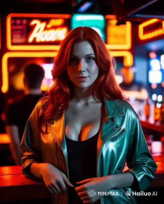 Vibrant Night Out: Confident Woman in Teal Leather Jacket – AI Generated Video | Hailuo AI