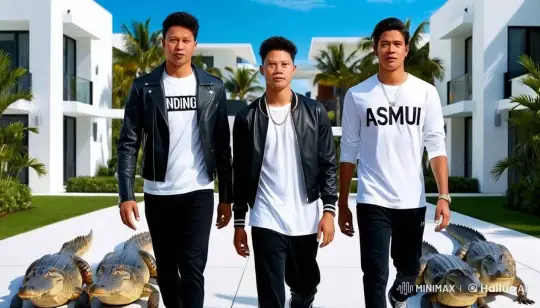 Men Walk with Alligators in Serene Modern Setting – AI Generated Video | Hailuo AI