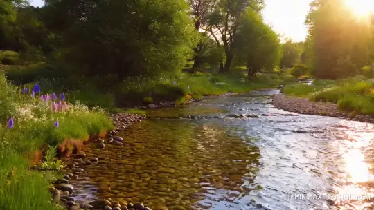 Golden Sunlight Reflects on Pristine Stream Scenery – AI Generated Video | Hailuo AI